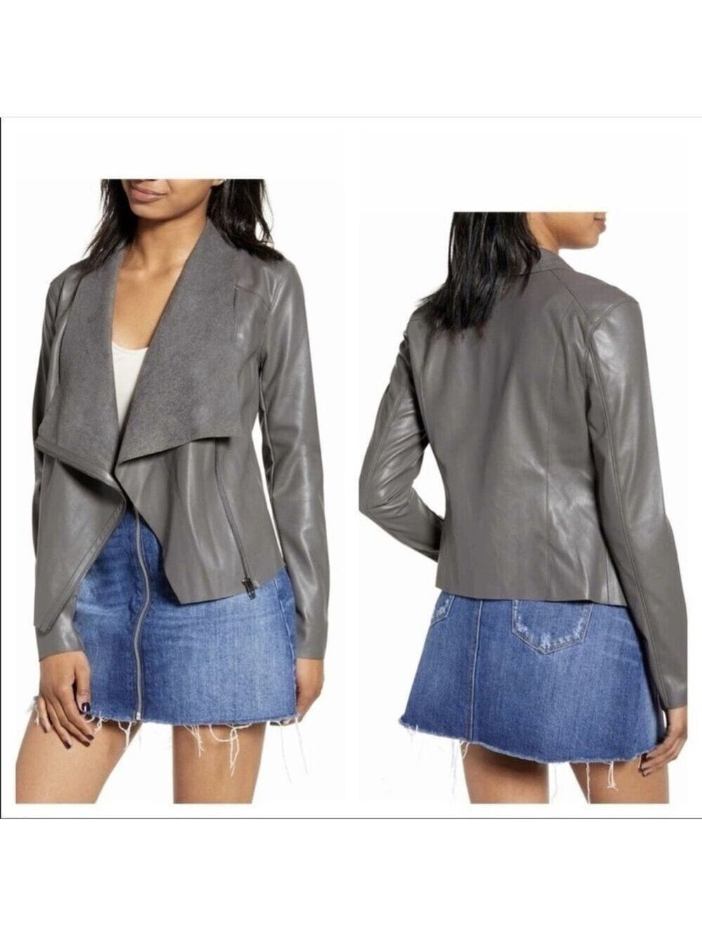 Blank NYC Drape Front Faux Leather Grey Moto Jacket, size S